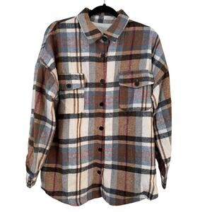 NWT CUPSHE Brown Plaid Button Up Oversized Flannel Shacket Women’s Medium